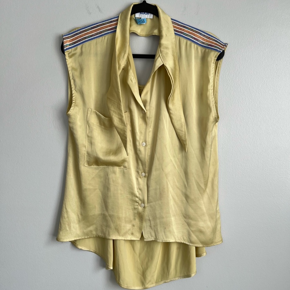 KOCH Size S • Green Short Sleeve Silky Blouse Open Back Shoulder Stripes